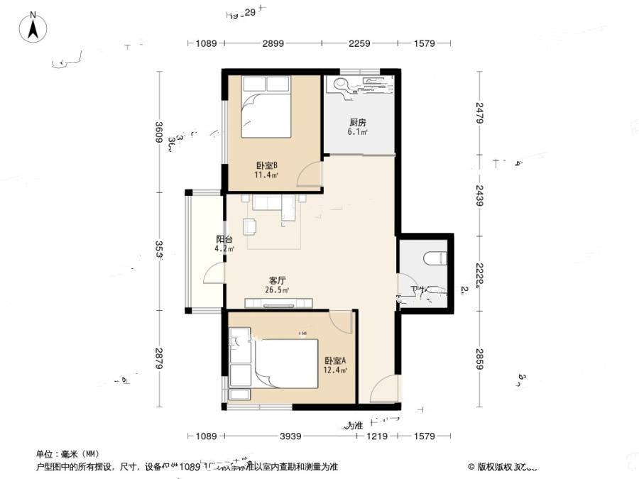 万达华府二期2室1厅1卫81.3㎡户型图