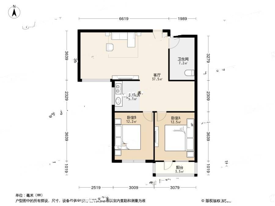 万达华府二期2室1厅1卫101㎡户型图