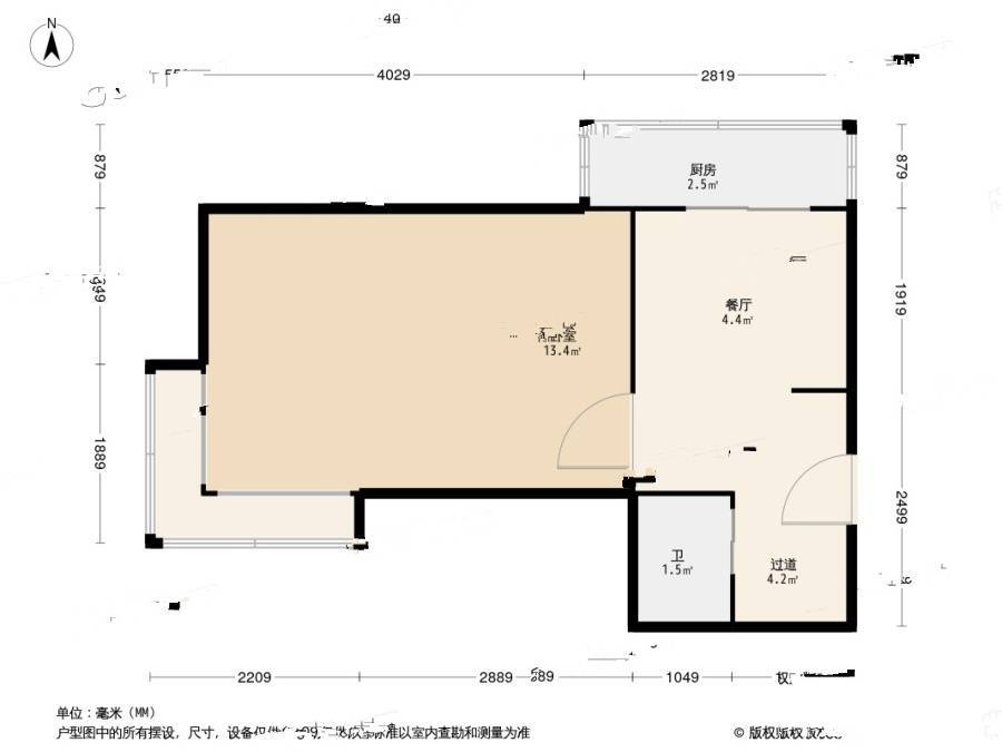 靠山巷1室1厅1卫34.8㎡户型图