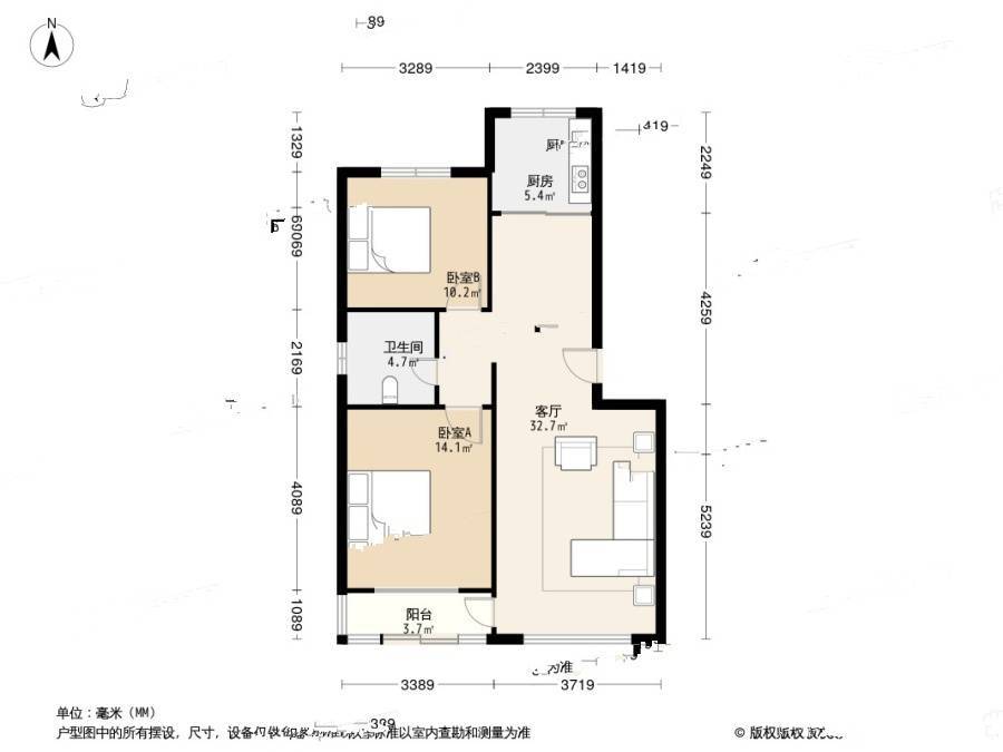 名贵山庄华春园2室1厅1卫93㎡户型图