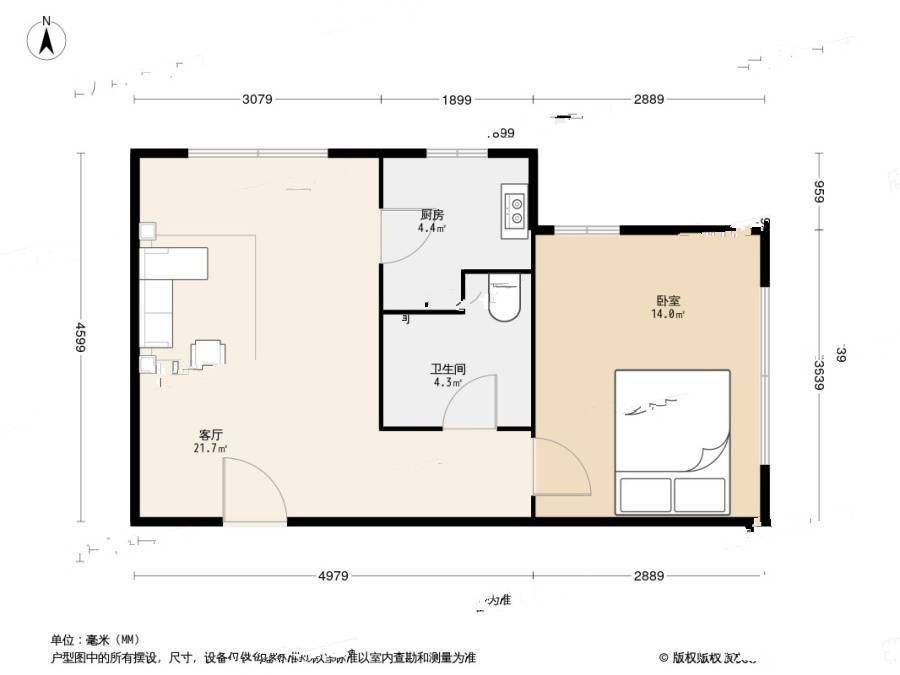 小平岛海悦山1室1厅1卫37.9㎡户型图