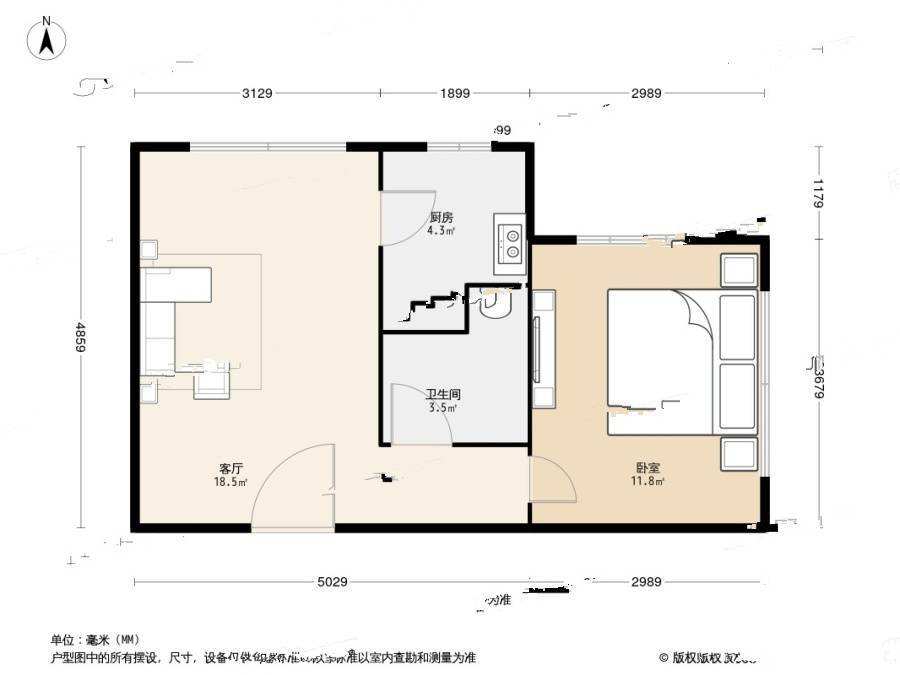 小平岛海悦山1室1厅1卫37㎡户型图