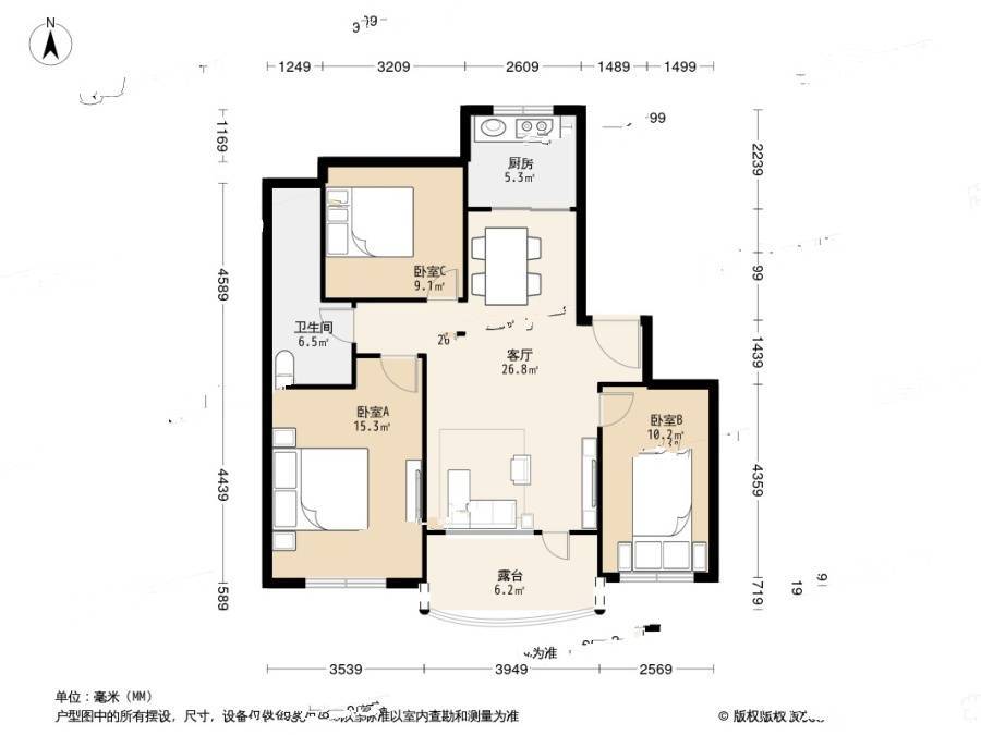 弘基书香园3室1厅1卫101.4㎡户型图