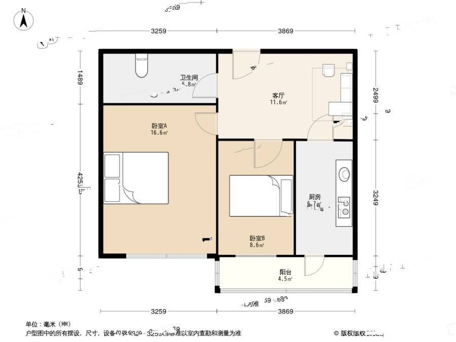 东电小区(高新园区)2室1厅1卫62.5㎡户型图