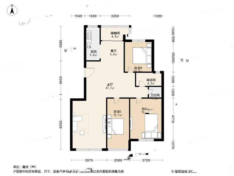 山海一家二期3室1厅2卫145.9㎡户型图