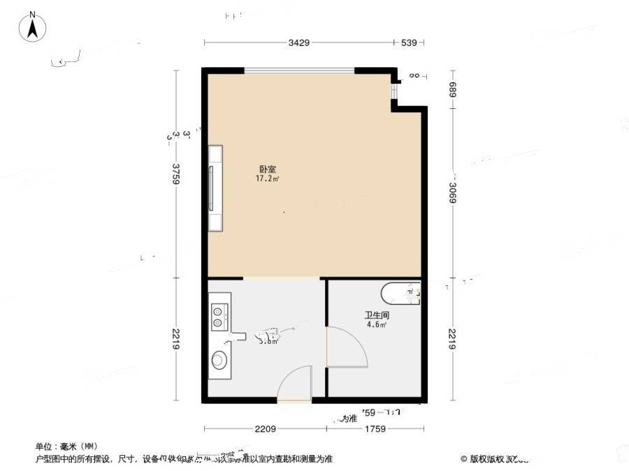 万达海景公寓1室0厅1卫37.1㎡户型图