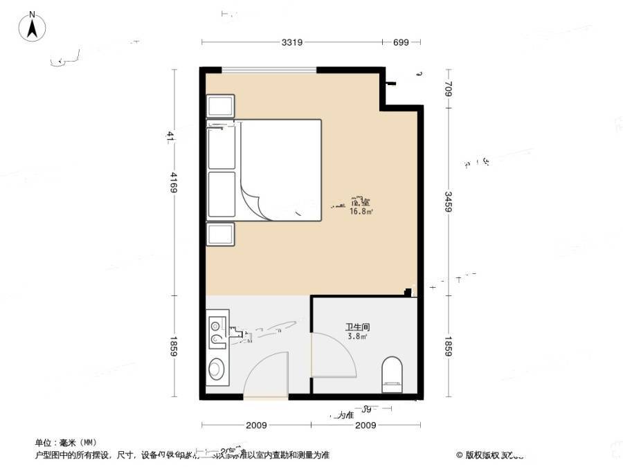 万达海景公寓1室0厅1卫37.1㎡户型图