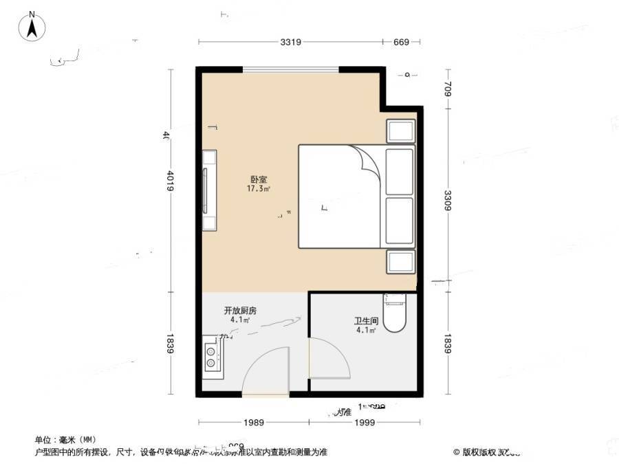 万达海景公寓1室0厅1卫39㎡户型图