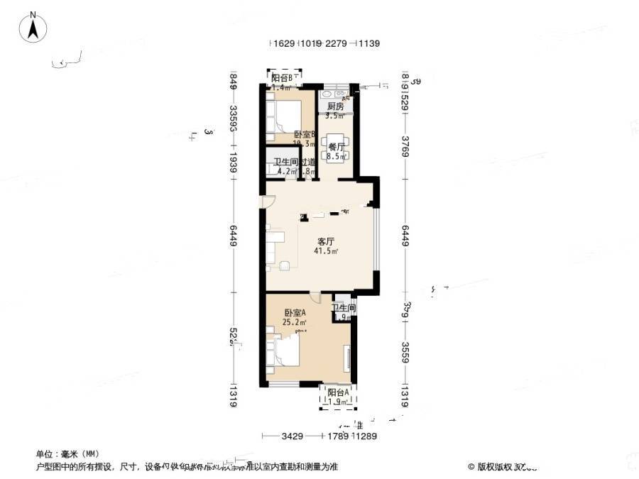 倚山里2室1厅2卫128.4㎡户型图