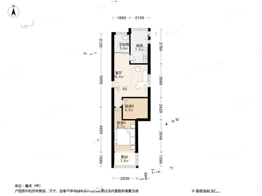 翠竹南里2室1厅1卫73.4㎡户型图