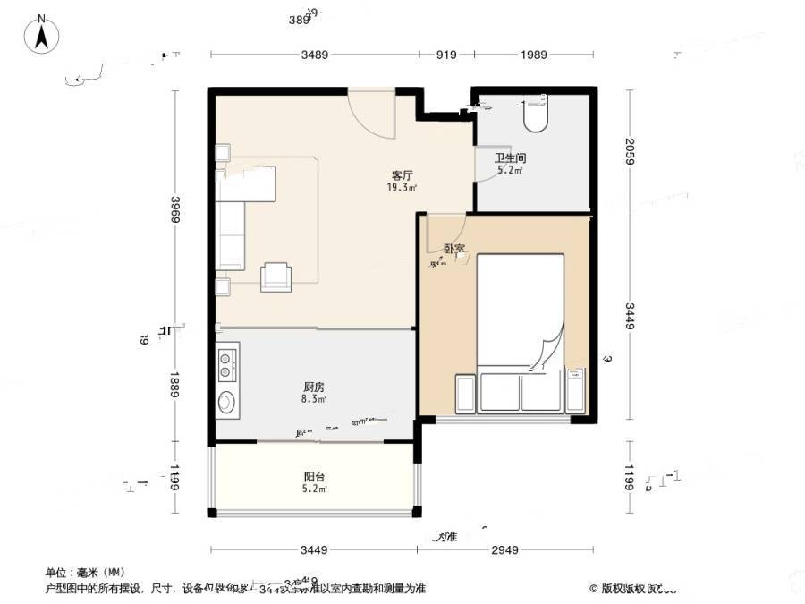 格林小镇1室1厅1卫51㎡户型图