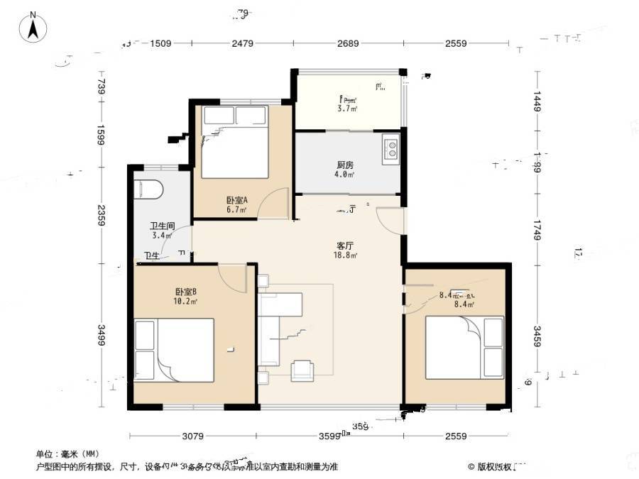 格林小镇3室1厅1卫65.5㎡户型图