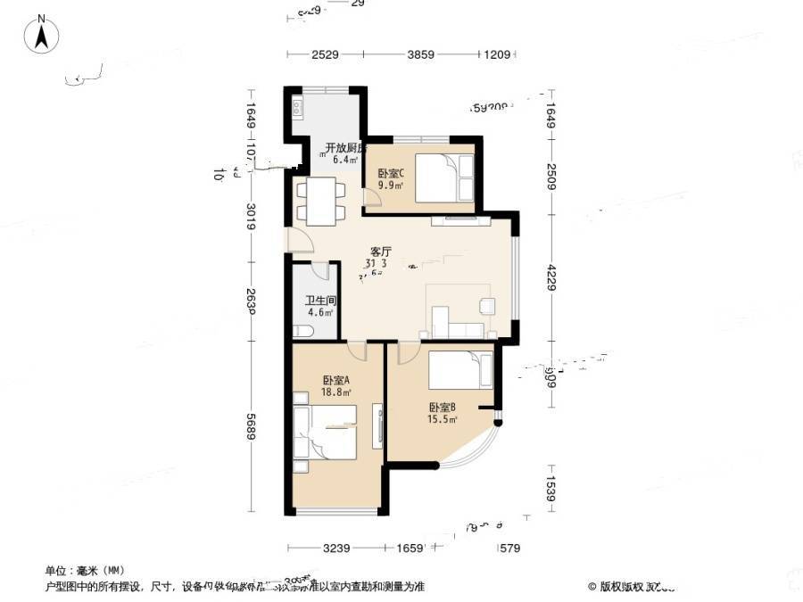 光伸绿洲半岛三期3室1厅1卫108.7㎡户型图