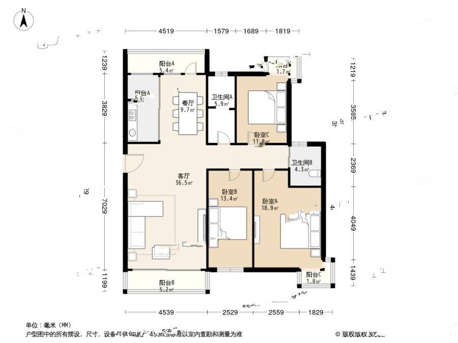 光伸绿洲半岛二期3室1厅2卫154.1㎡户型图