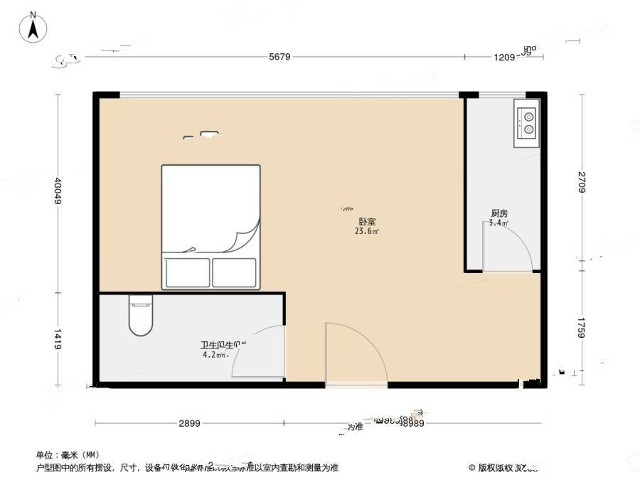 古耕国际公寓1室0厅1卫57.8㎡户型图