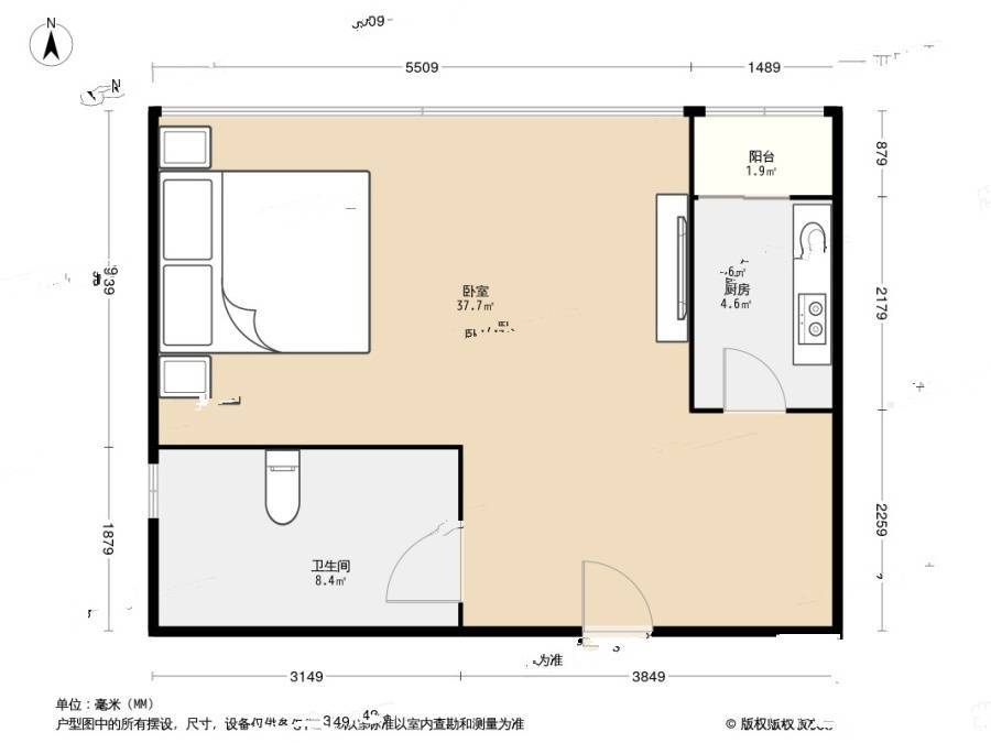 古耕国际公寓1室0厅1卫57㎡户型图