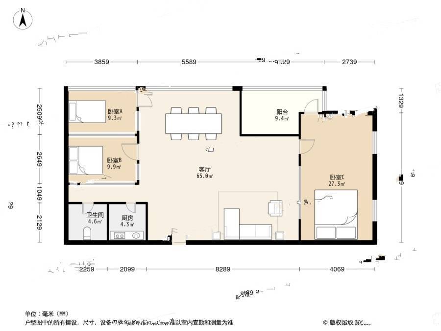 古耕国际公寓3室1厅1卫216.5㎡户型图