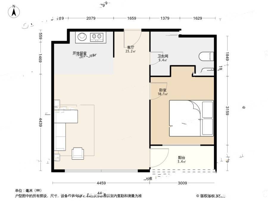 古耕国际公寓1室1厅1卫66.3㎡户型图