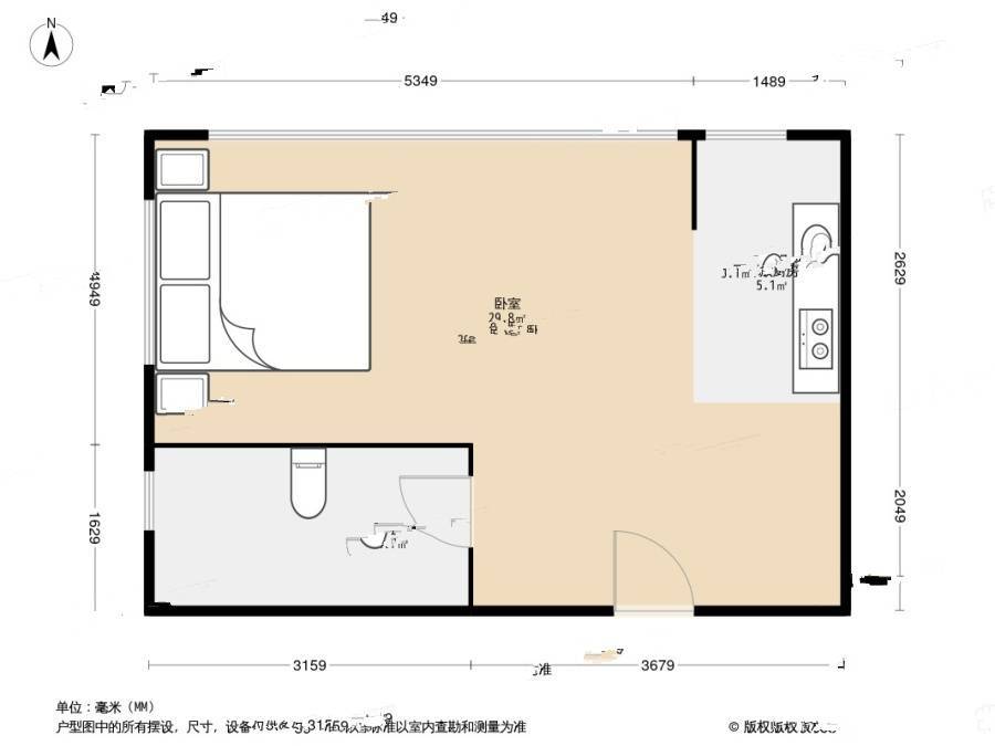 古耕国际公寓1室0厅1卫56.8㎡户型图