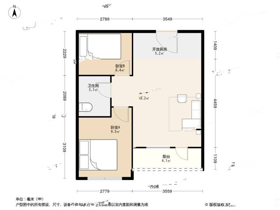 亿锋广场二期2室1厅1卫57.9㎡户型图