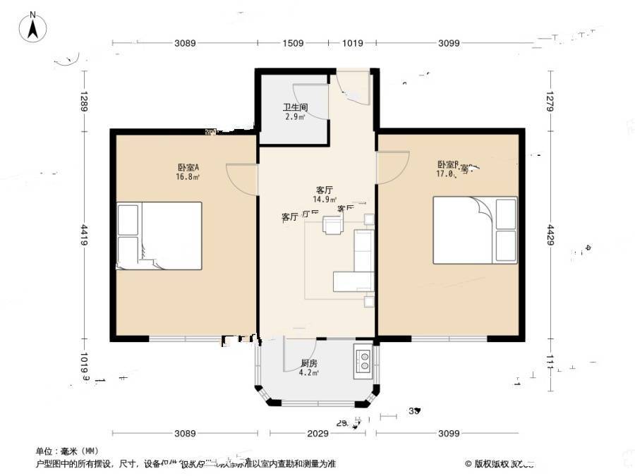 金州区光明小区2室1厅1卫58.4㎡户型图