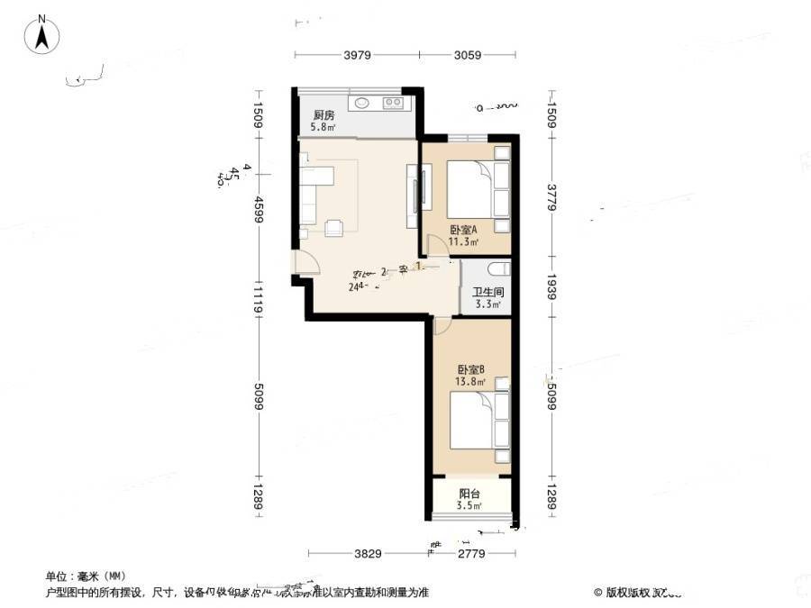 金纺金莲怡园2室1厅1卫77.8㎡户型图