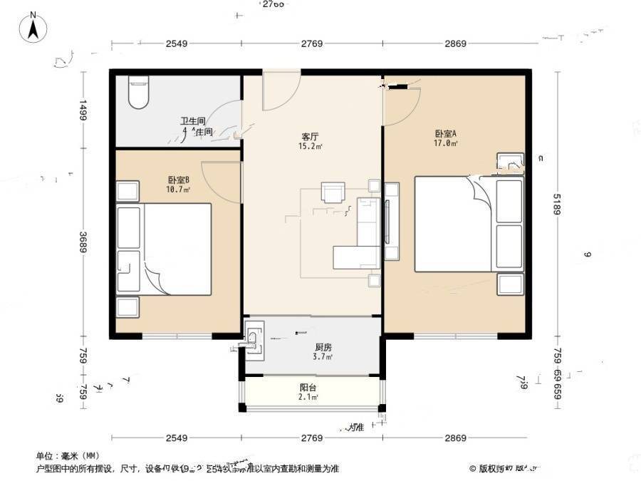 金纺金莲怡园2室1厅1卫59㎡户型图