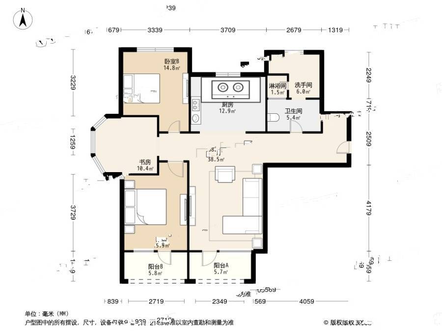 亿达蓝湾3室1厅3卫141㎡户型图