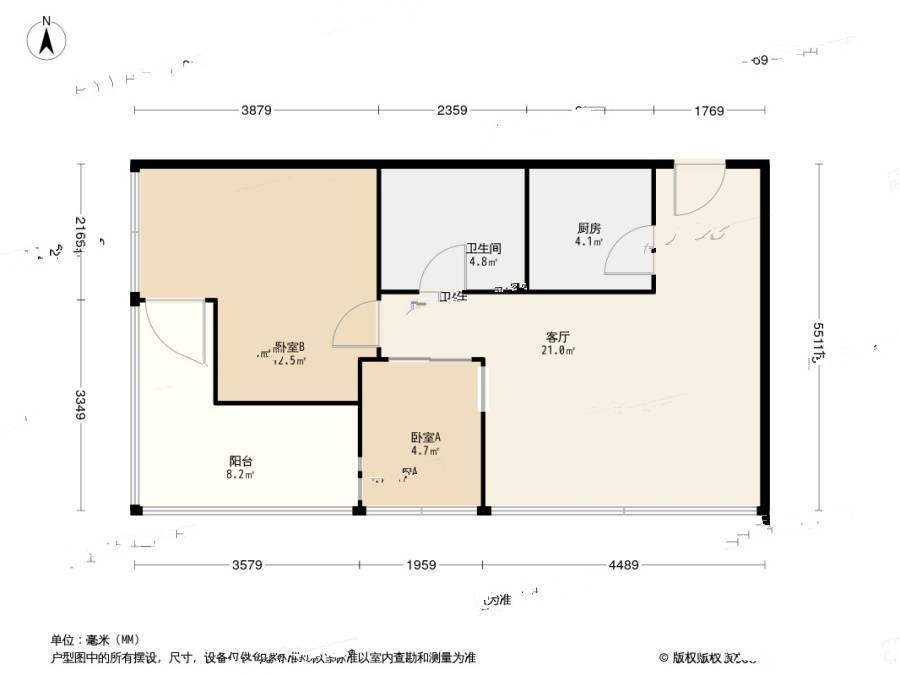 苹果公寓2室1厅1卫68㎡户型图