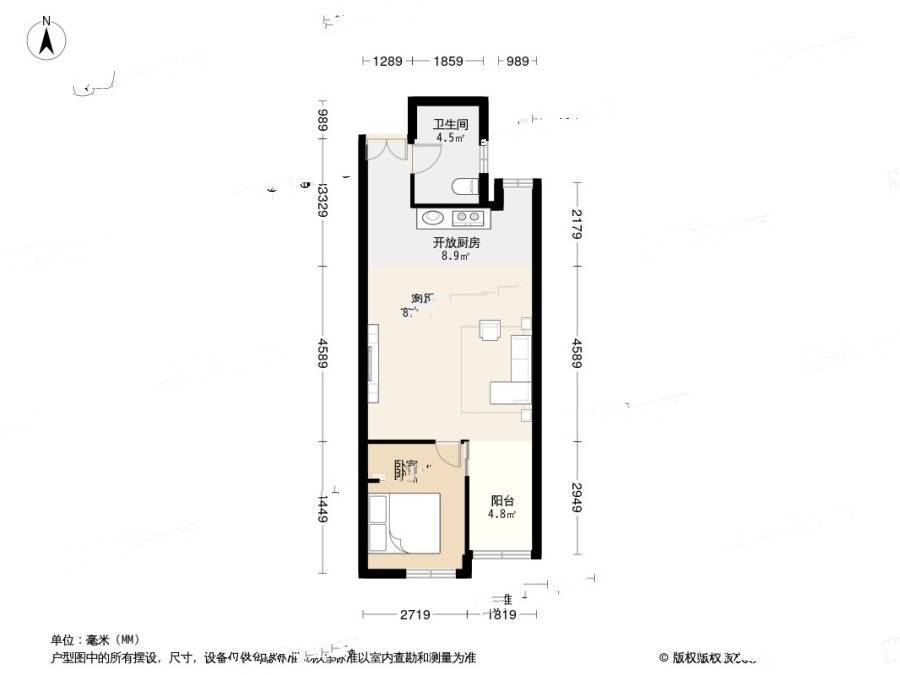 万国宫馆三期1室1厅1卫55.6㎡户型图