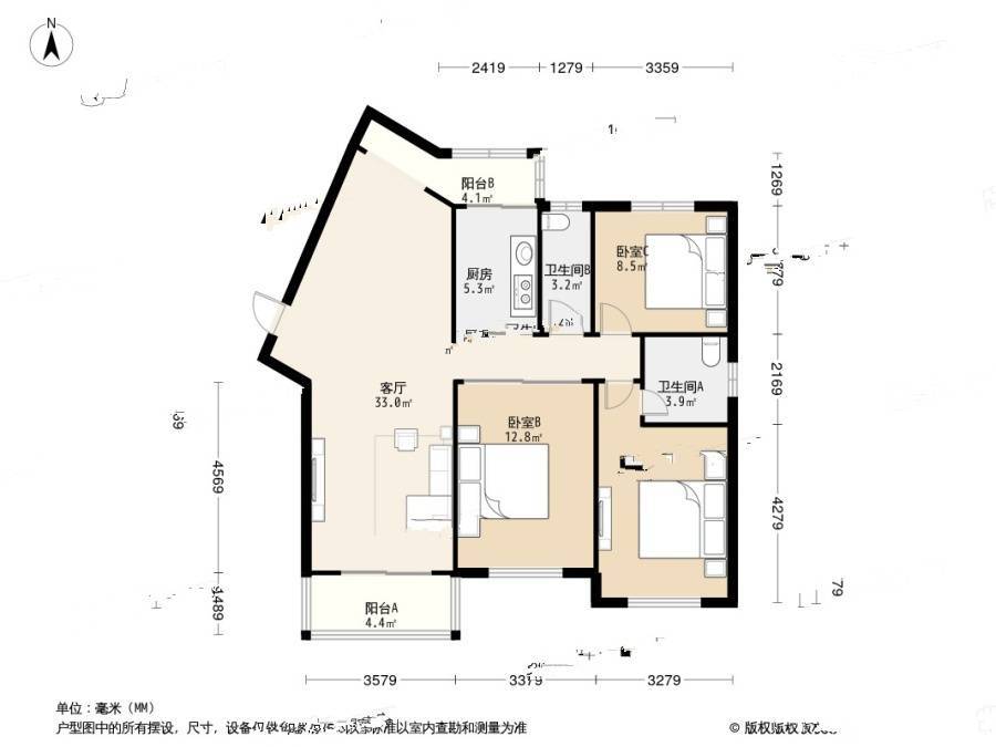 民兴花园二期3室1厅2卫144㎡户型图