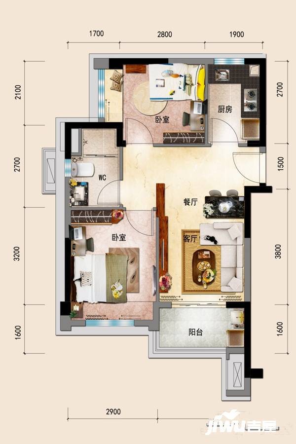 碧桂园美浪湾别墅2室2厅1卫65.1㎡户型图