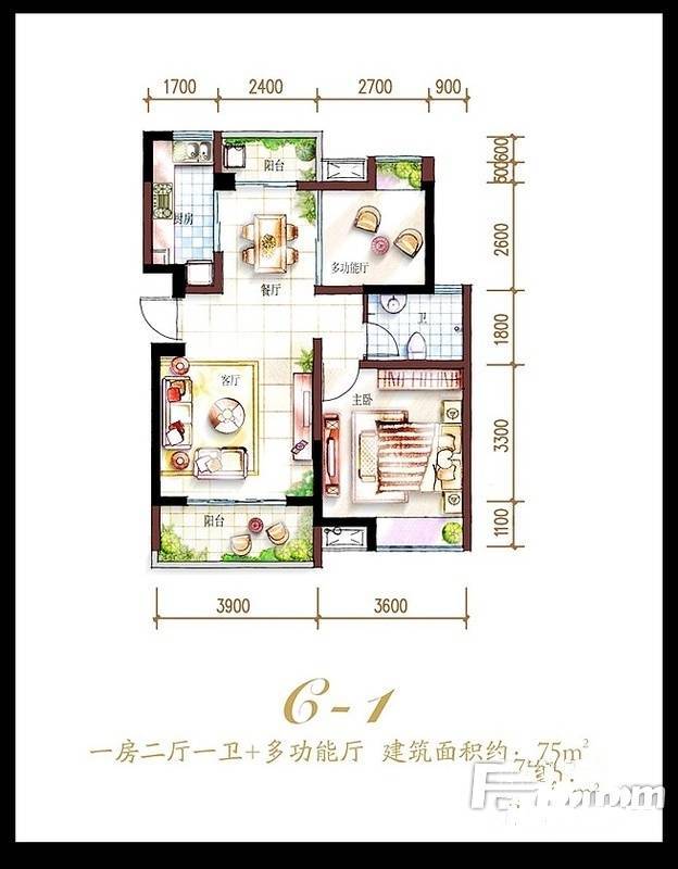 澄迈鲁能海蓝福源1室2厅1卫75㎡户型图