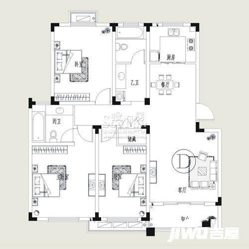 四季花城3室2厅2卫128㎡户型图