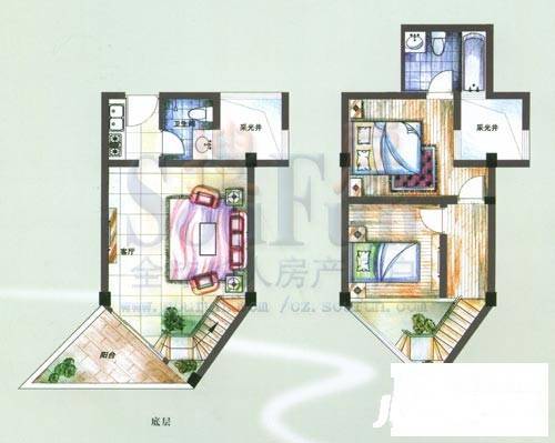 竺山湖小镇2室1厅2卫44㎡户型图