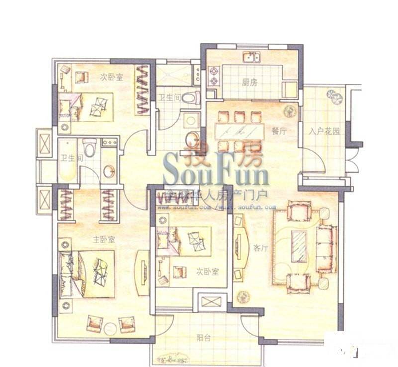 魅力万科城3室2厅2卫130㎡户型图