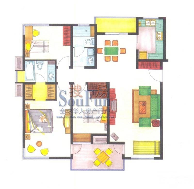 魅力万科城3室2厅2卫135㎡户型图