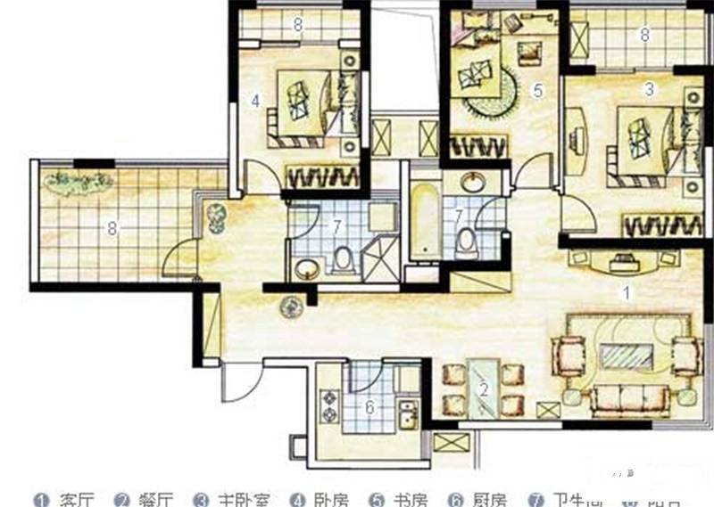 魅力万科城3室2厅2卫126㎡户型图