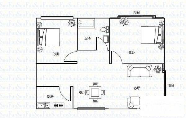 丰泽苑2室1厅1卫84㎡户型图