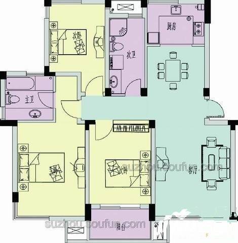 锡洲中路小区3室2厅2卫128㎡户型图