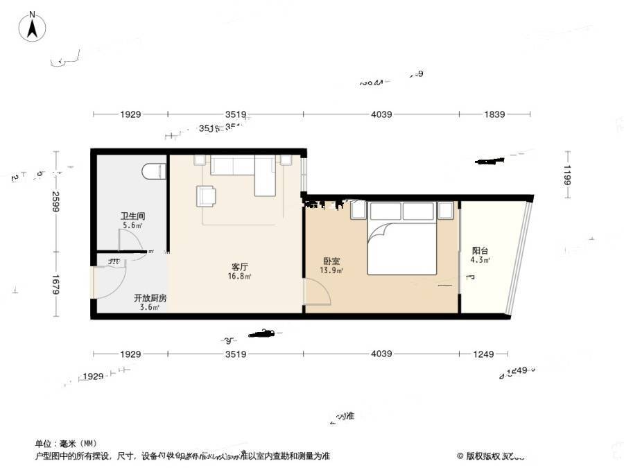 长江绿岛三期1室1厅1卫57㎡户型图