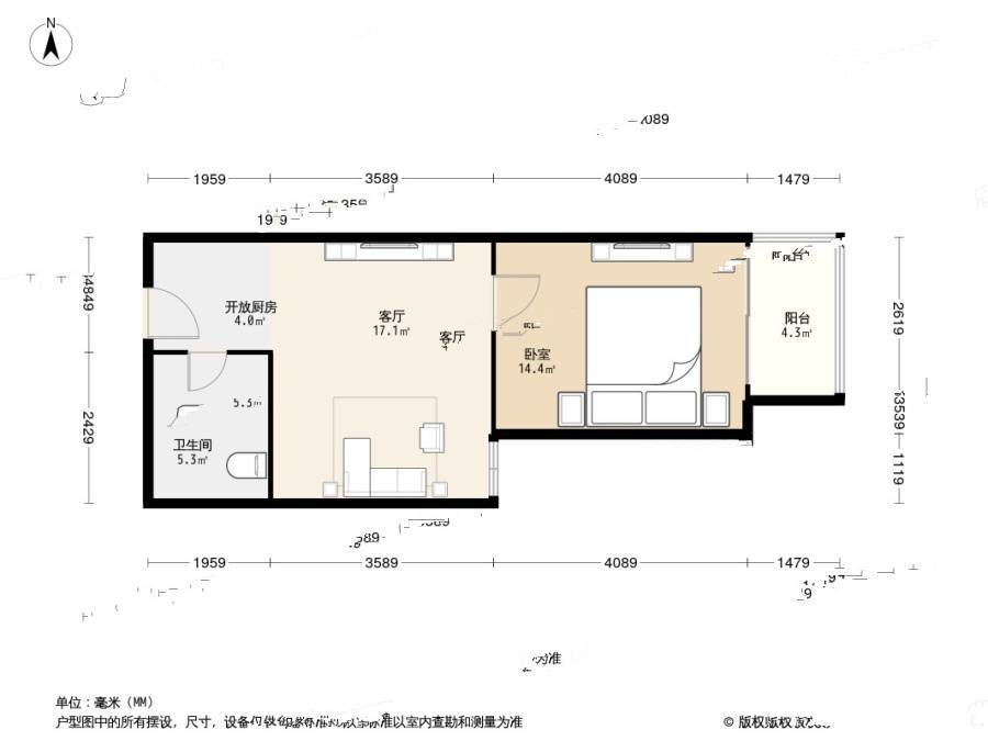 长江绿岛三期1室1厅1卫55.9㎡户型图