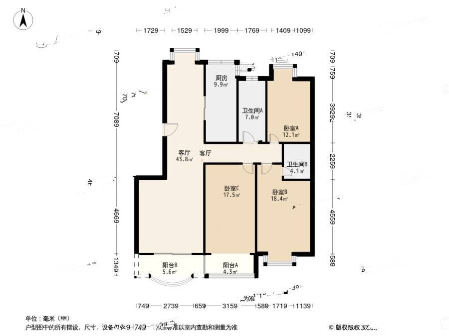 太湖花园三期3室2厅2卫150㎡户型图