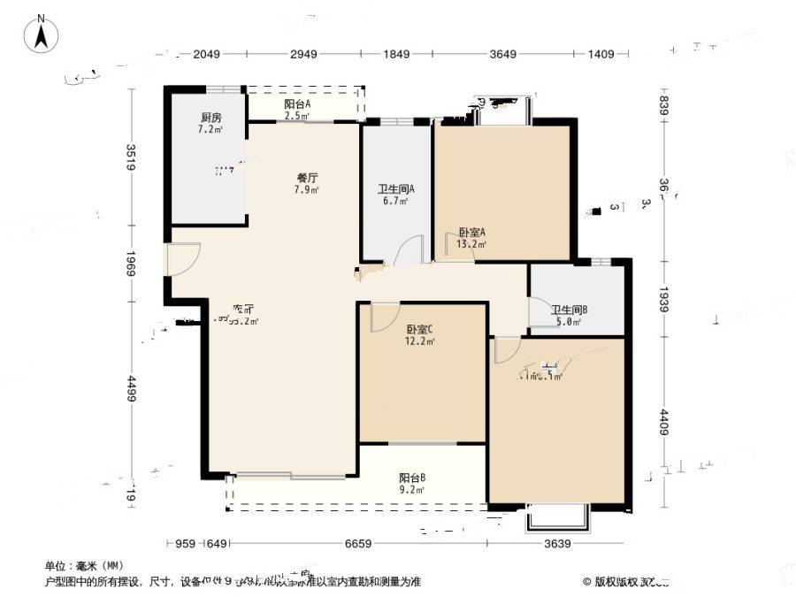 夏家边家园3室2厅2卫127㎡户型图