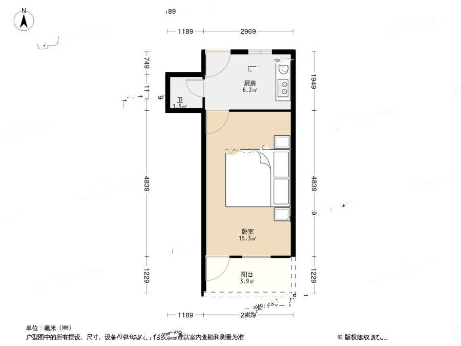 杨北新村1室1厅1卫30.3㎡户型图