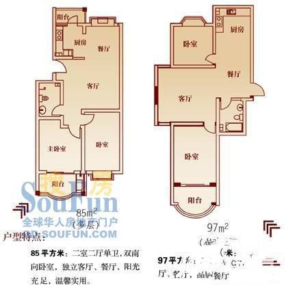 城建阳光山色2室2厅1卫85㎡户型图