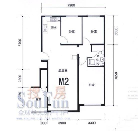 四季景园二期3室2厅1卫91.4㎡户型图