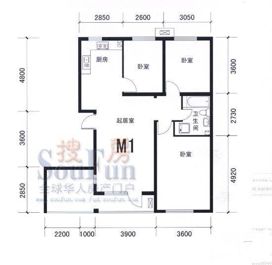 四季景园二期3室2厅1卫105.8㎡户型图