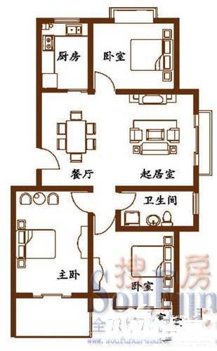 海信南岭风情别墅3室2厅1卫113㎡户型图