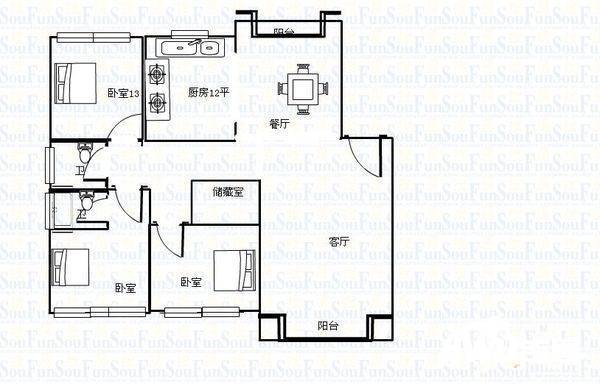 山水名园3室2厅2卫138㎡户型图